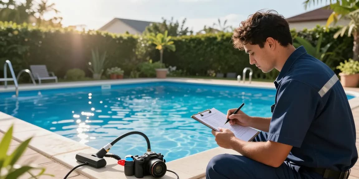Professional servis bazenske tehnike at a sunlit pool, technician assessing equipment efficiently.