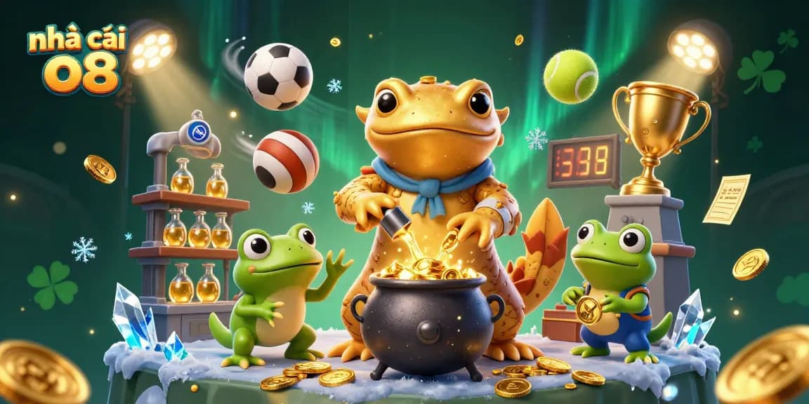 Engage in thrilling gameplay at nhà cái o8 with a vibrant 3D casino scene depicting various sports elements and characters.