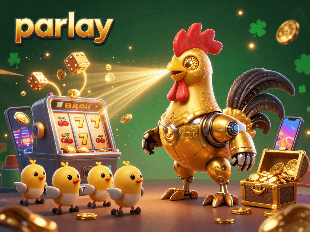 Engage in powerful parlay betting strategies with a dynamic casino scene featuring a golden rooster robot.