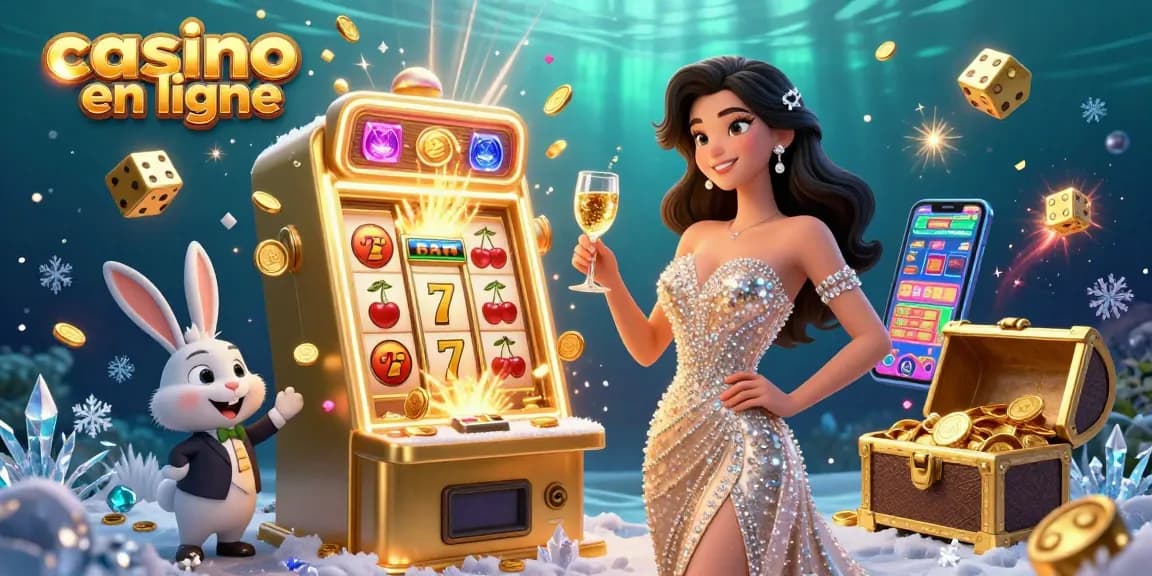 Découvrez l'excitation du casino en ligne avec une femme célébrant près d'une machine à sous à jackpot et un croupier amusant.