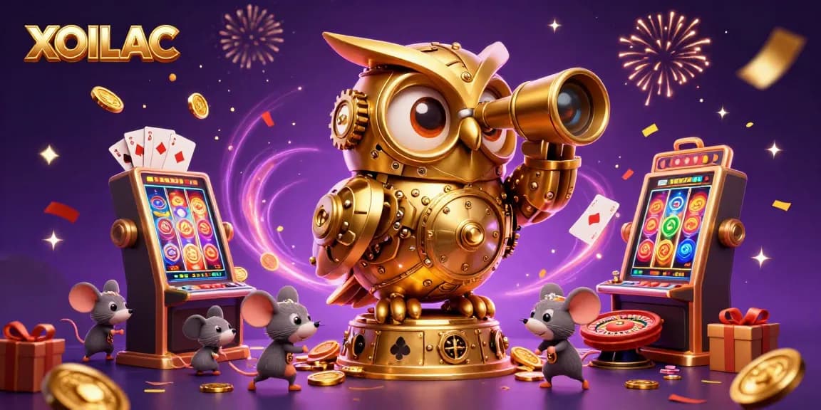 Experience excitement at XOILAC as the golden owl watches over lively casino action filled with games, coins, and celebrations.