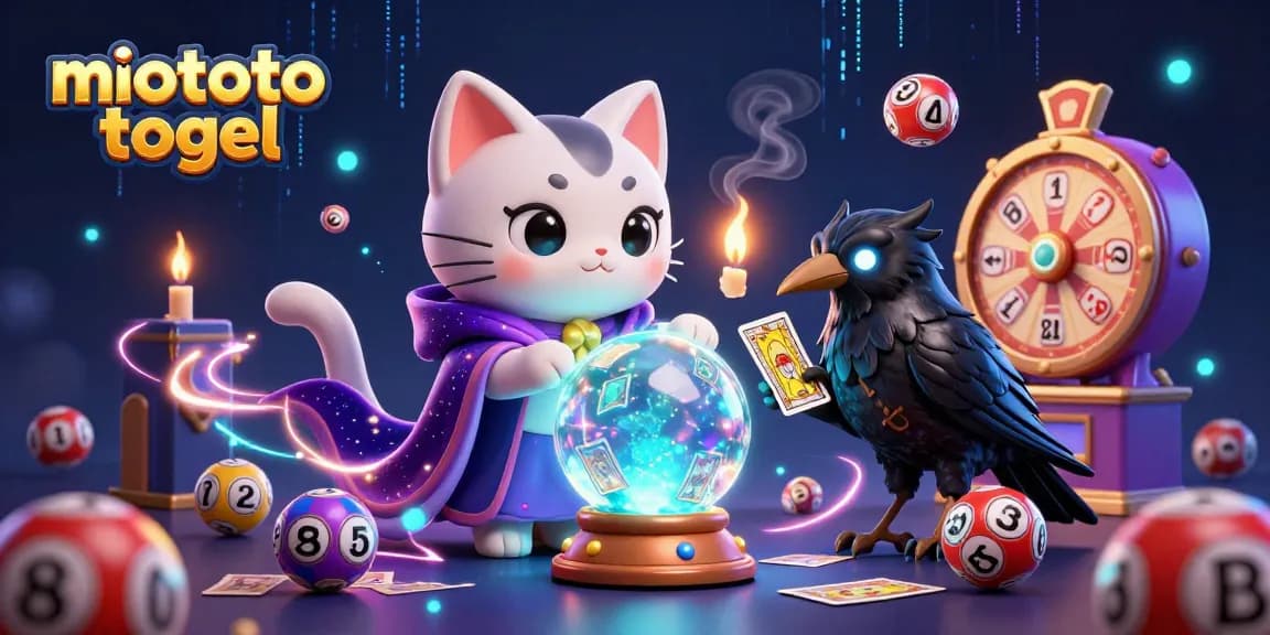 Engage with miototo togel through a vivid illustration showcasing a mystical cat and raven amidst lottery elements.