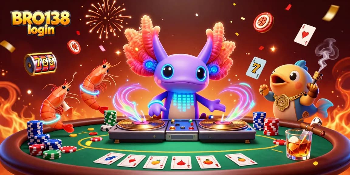 Join the excitement with BRO138 login, featuring vibrant characters and thrilling casino elements in a dynamic celebration.