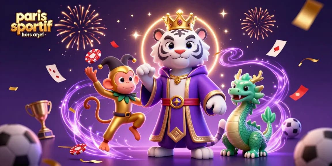 paris sportif hors arjel : pariez avec un tigre élégant et un singe jongleur, entourés de jeux de casino et de confettis festifs.