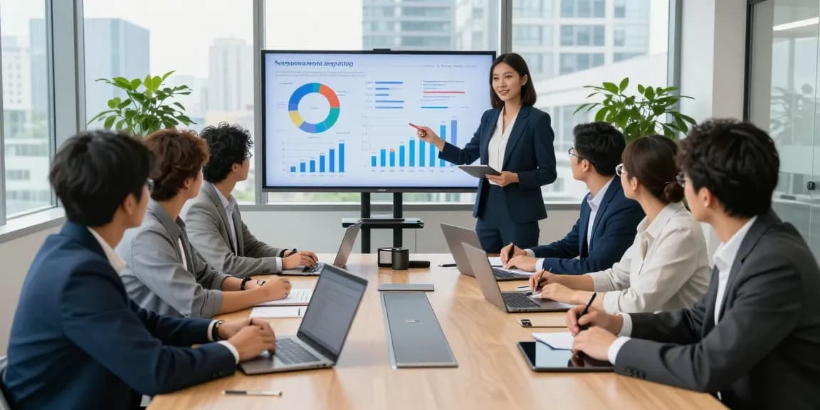 Team collaborating in a modern office on business promotion & social visibility strategies, highlighting professional teamwork.