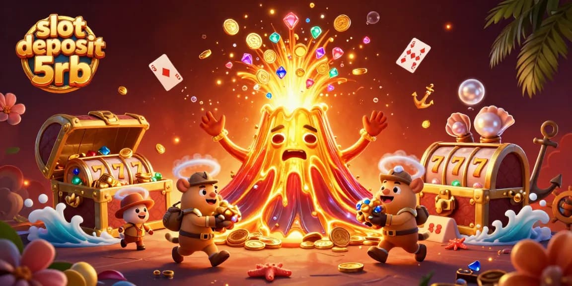 Experience thrilling wins with slot deposit 5rb, featuring a volcano and treasures in an exciting 3D scene.