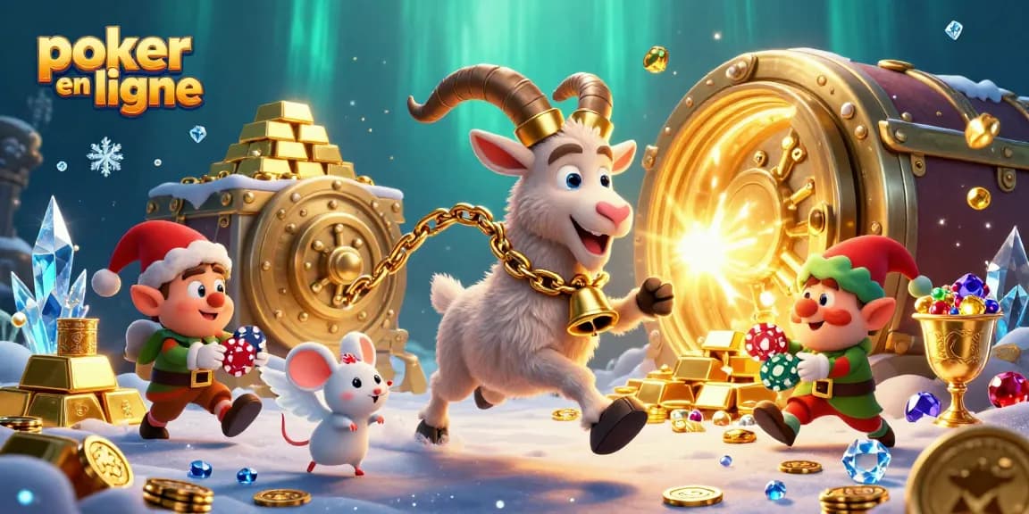 Jouez au poker en ligne au cœur d'une scène animée avec des personnages fantaisistes et des trésors scintillants.