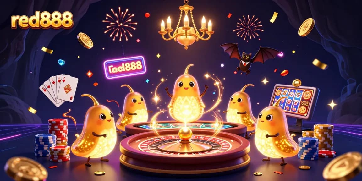 Experience the excitement of red888 with glowing glowworms and vibrant casino elements.