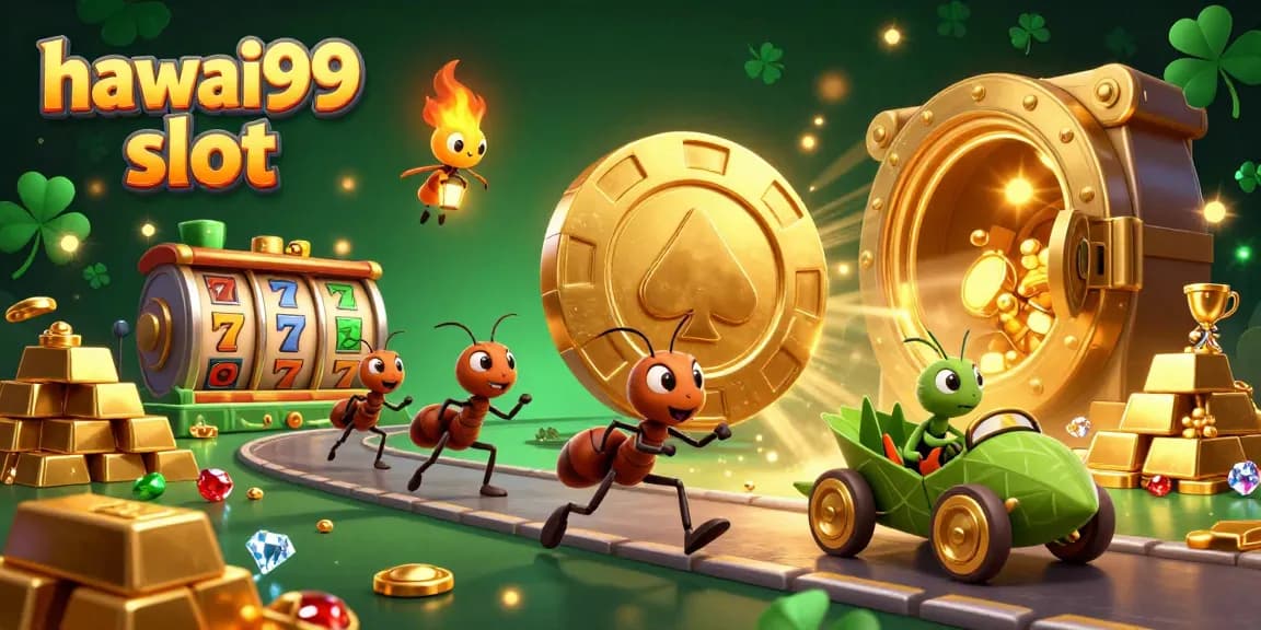 Join the adventure in hawai99 slot with ants heisting a giant poker chip amidst treasure.