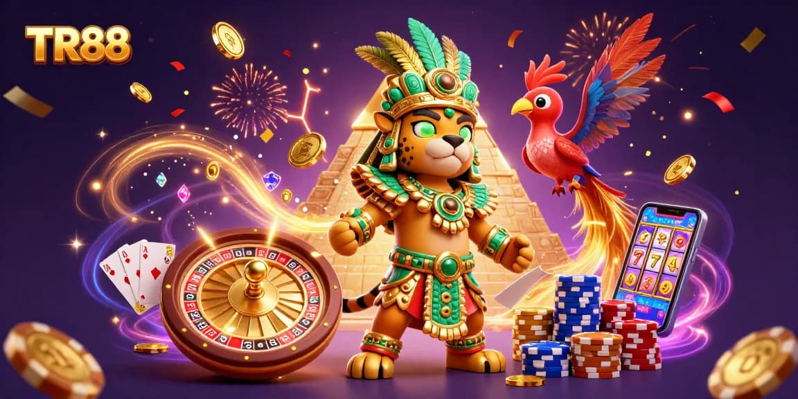 TR88 players enjoy vibrant casino action with golden coins, roulette wheels, and festive colors.