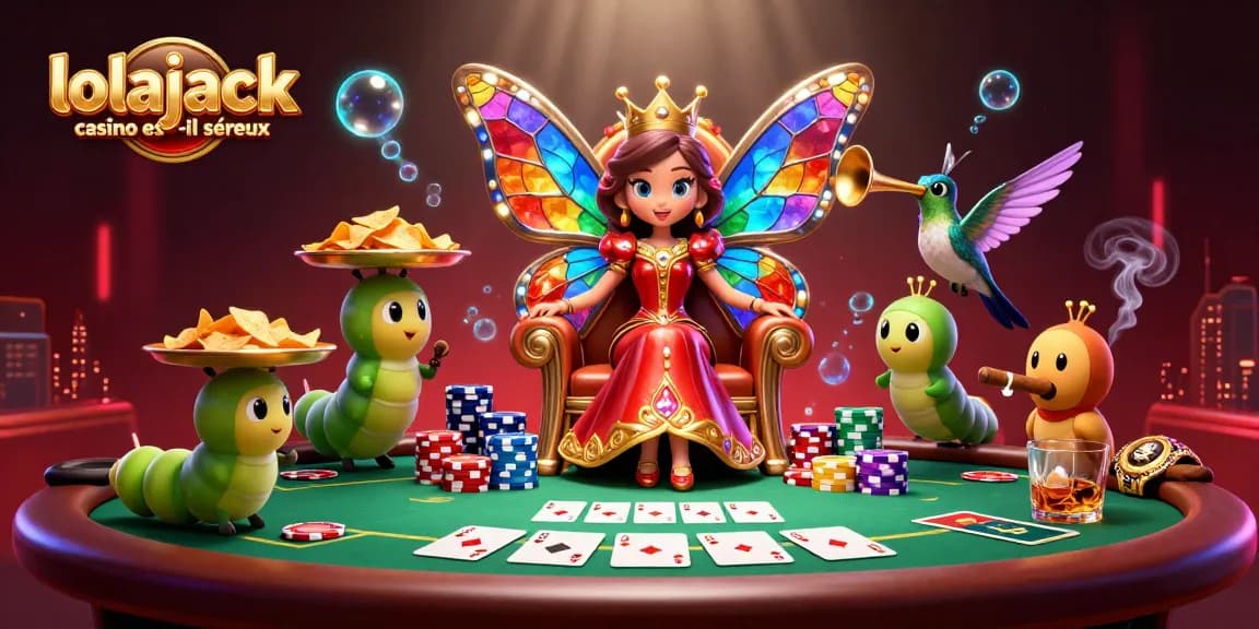 Experience the excitement at Lolajack Casino est-il sérieux with a vibrant 3D digital illustration of a whimsical butterfly queen and poker elements.