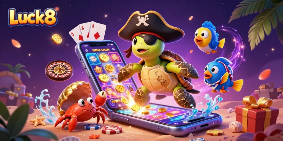 Win big with Luck8 at the casino, featuring a vibrant 3D illustration of a pirate turtle and treasure.