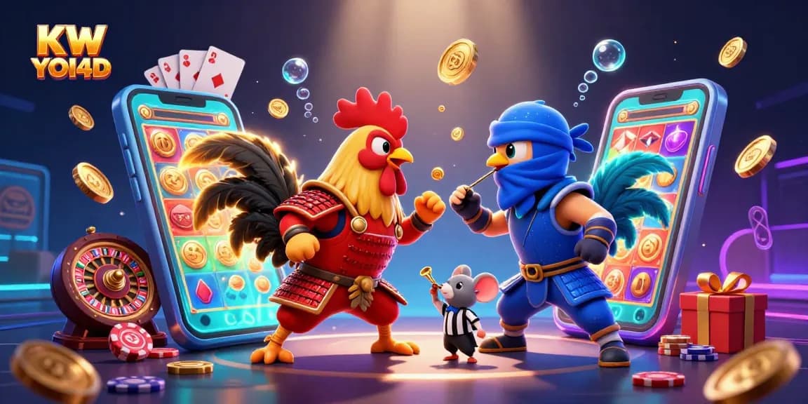 Ayam jantan berkelahi dengan program slot KW YOI4D di latar belakang kasino digital