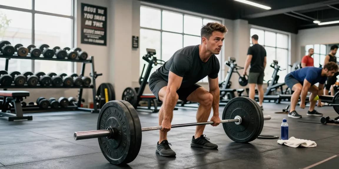 Focused male athlete performing deadlifts at Deus Medical Shop gym.
