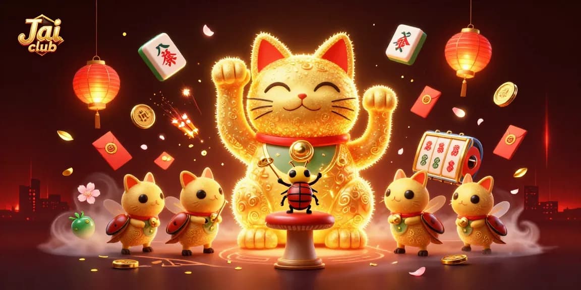 Engage with the Jai club as the lucky cat conjures casino symbols in a vibrant festival scene.