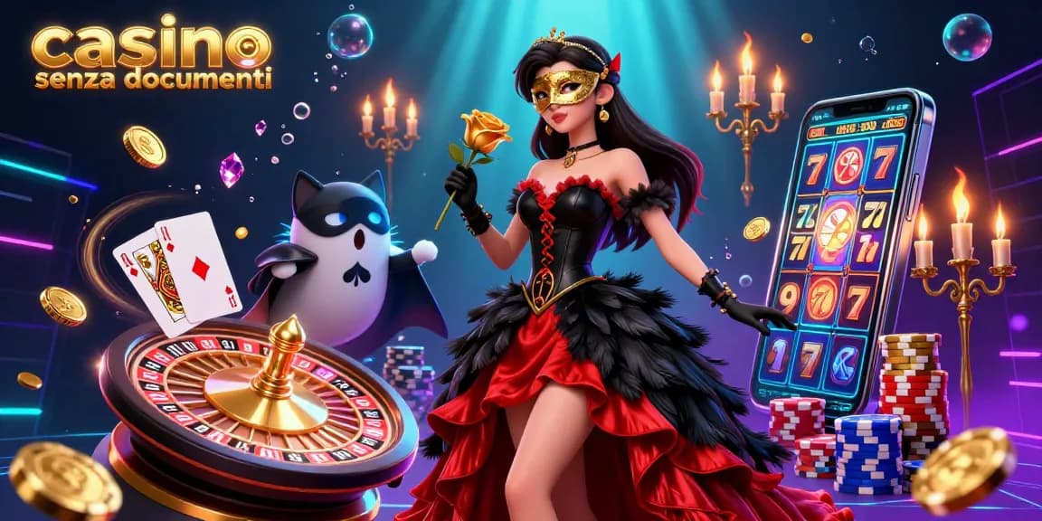 Vivi l'emozione del casino senza documenti con giochi dinamici, monete dorate e personaggi vivaci in un'illustrazione 3D affascinante.