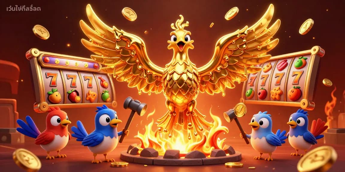 เล่นเกมสล็อตที่เว็บไซต์สล็อต พร้อมกับภาพนกฟีนิกซ์ทองคำที่สร้างจากโลหะหลอมที่กำลังถูกผลิตในฉากคาสิโน