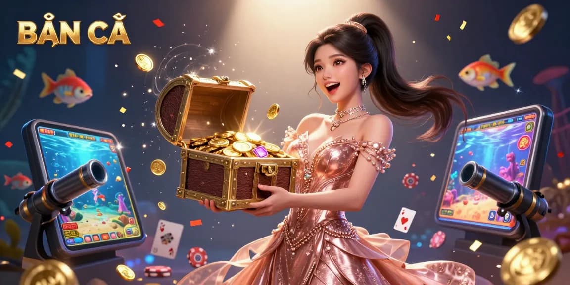 BẮN CÁ gameplay scene with treasure chest overflowing with coins amidst dynamic fish shooting elements.