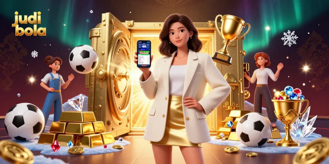 Experience judi bola with a vibrant scene showcasing sports betting elements, gold treasures, and excitement.