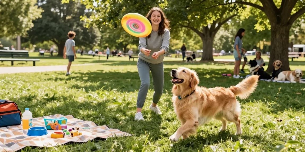 Active dog fetching frisbee in a sunny park setting with NAGA2000 pet supplies nearby.