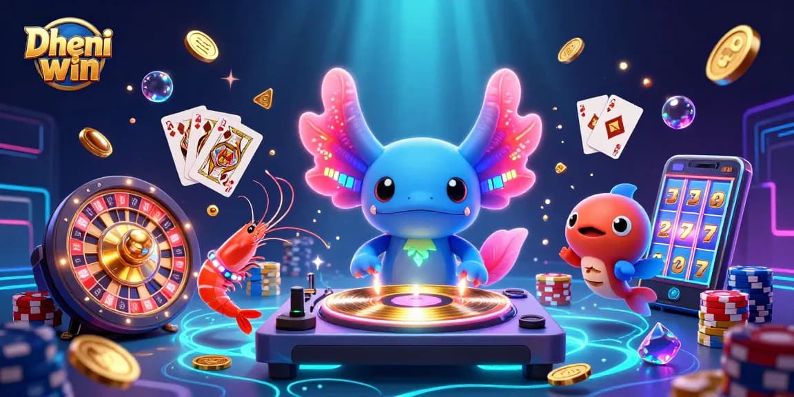 Dive into the excitement of Dhani win with vibrant games, neon characters, and shimmering prizes.