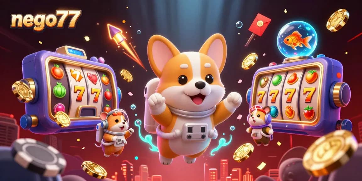 Engage with nego77's lively casino scene featuring floating corgi, drifting poker chips, and vibrant slot elements.