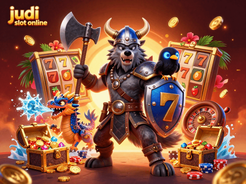 Permainan judi slot online menampilkan seorang pejuang serigala Viking dengan naga kecil, dikelilingi oleh simbol jackpot dan koin emas.