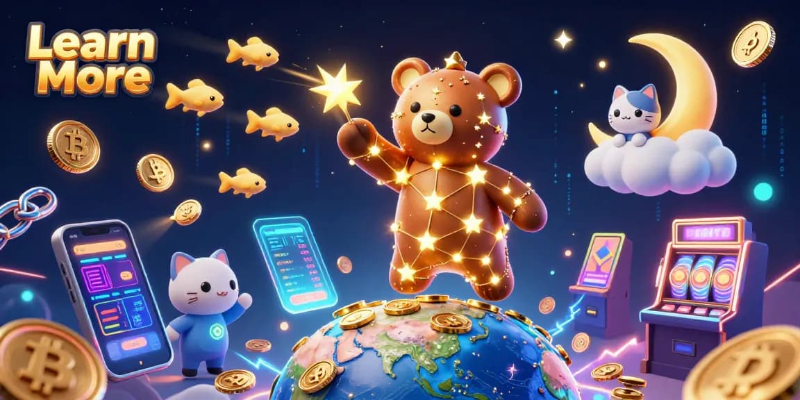 Learn More about the vibrant 3D casino scene featuring a golden constellation bear, cryptocurrency elements, and slot machines.