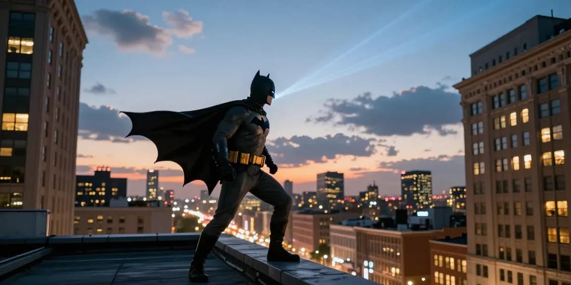 A superhero in a bat-themed suit overlooking the city at batmanloyal.com