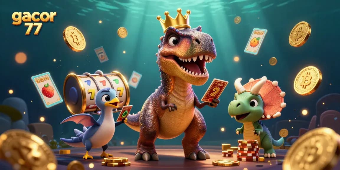 Menangkan permainan gacor 77 dengan T-Rex lucu yang mengocok kartu, didampingi pterodactyl dan triceratops menumpuk chip emas.