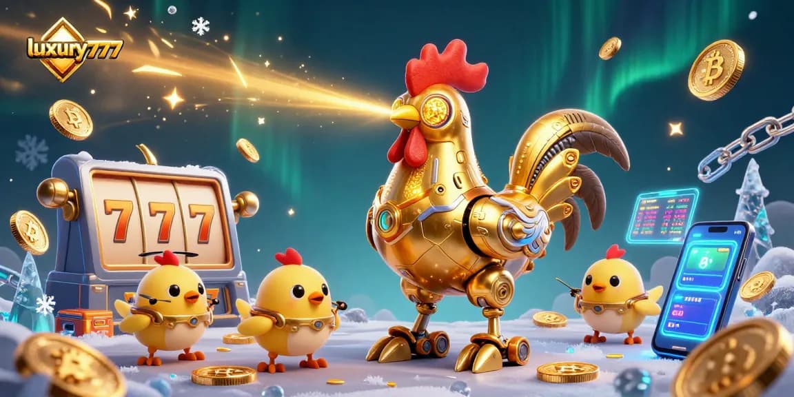 Experience the excitement with luxury777 gaming elements in a vibrant casino scene featuring a golden rooster robot.