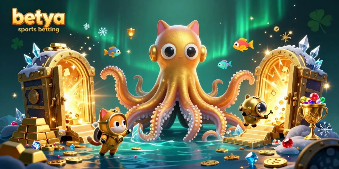Betya sports betting illustration with a kraken and diving cat, capturing vibrant casino elements.