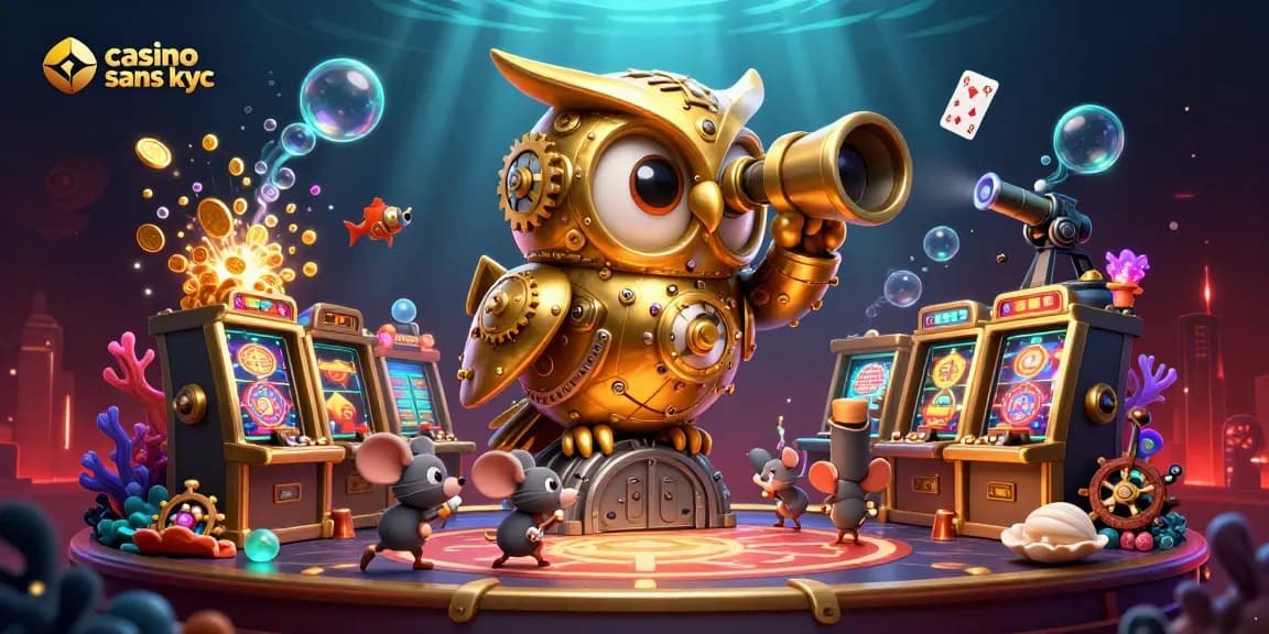 Jouer dans un casino sans KYC avec des machines à sous animées et une chouette dorée.