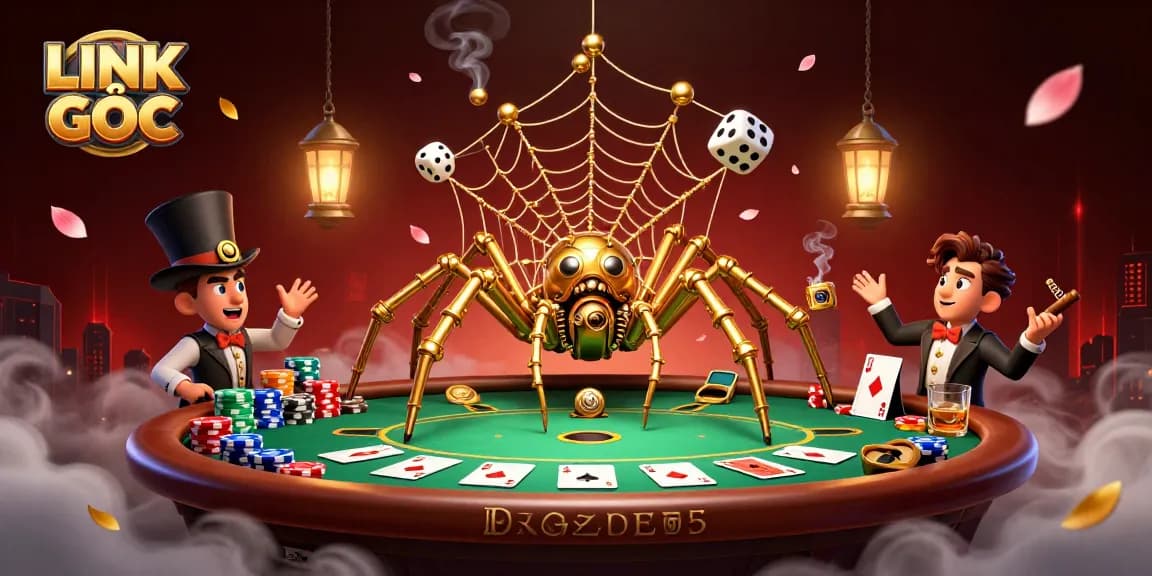 Experience LINK GỐC as a golden spider weaves a web of poker chips amid a thrilling gambling scene.