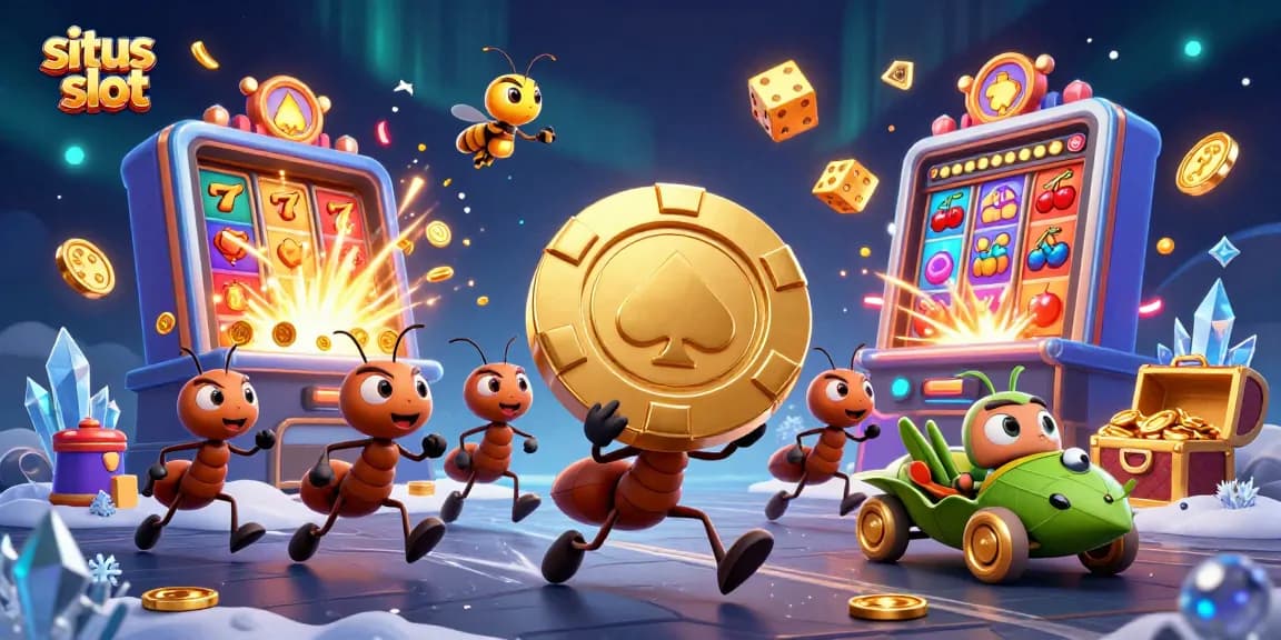 Menangkan pengalaman bermain situs slot dengan chip poker emas yang dibawa semut kartun dalam ilustrasi 3D