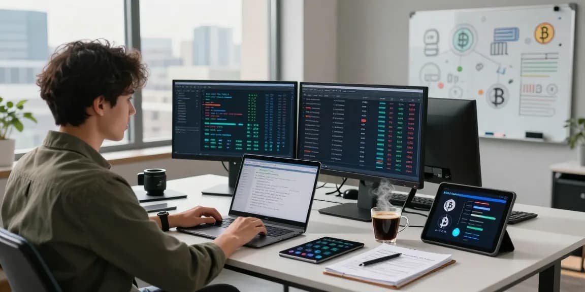 Expert recovering lost crypto in a modern tech workspace with monitors, analytics, and blockchain data.
