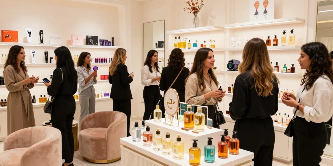 Shopping for مسك الكعبة الاصلي in a luxurious beauty boutique with diverse customers exploring high-quality fragrances.