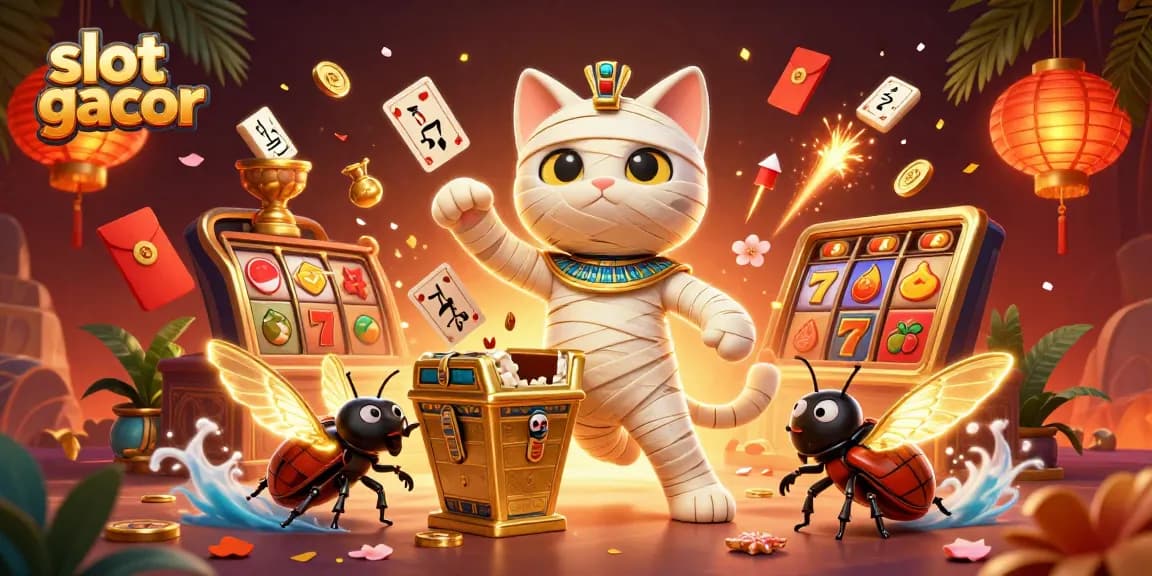 Berbagai simbol slot gacor bersinar saat kucing mumi 3D memecahkan sarcophagus di kasino pyramid.