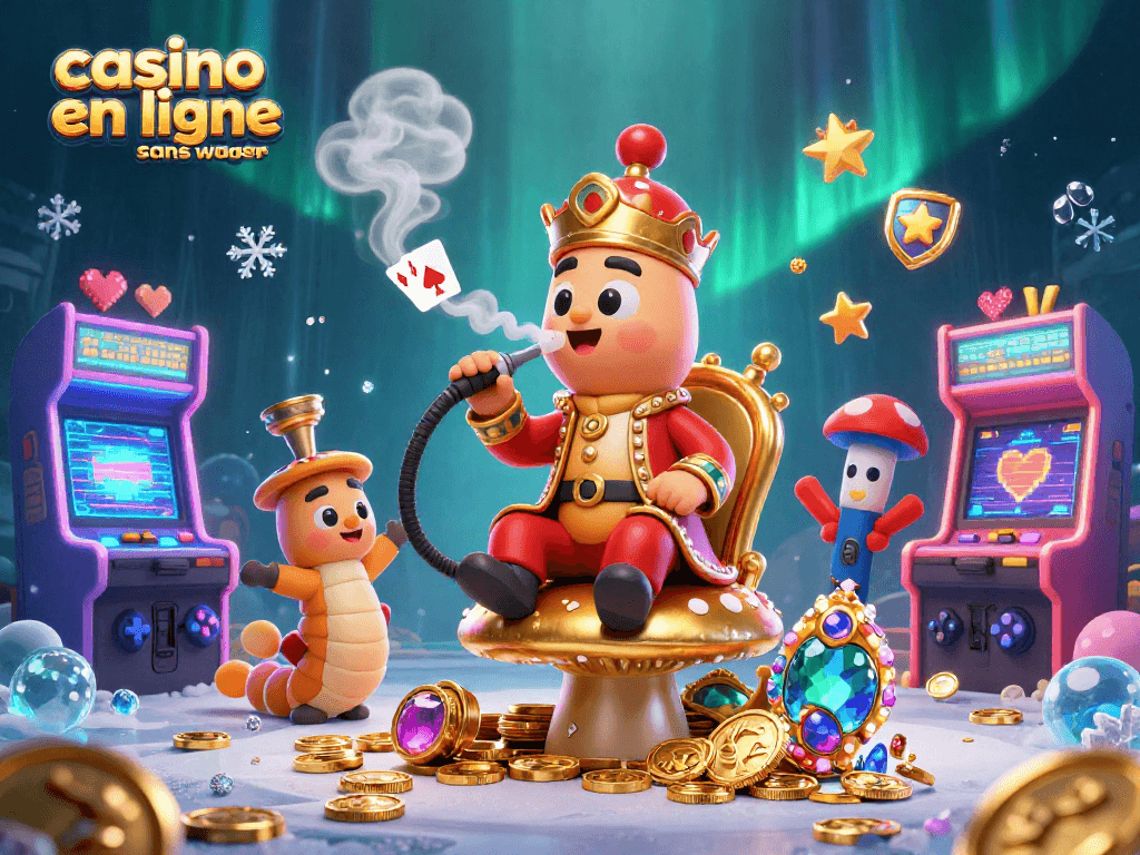Visitez un casino en ligne sans wager avec l'illustration d'un maître chicha et des jeux colorés.