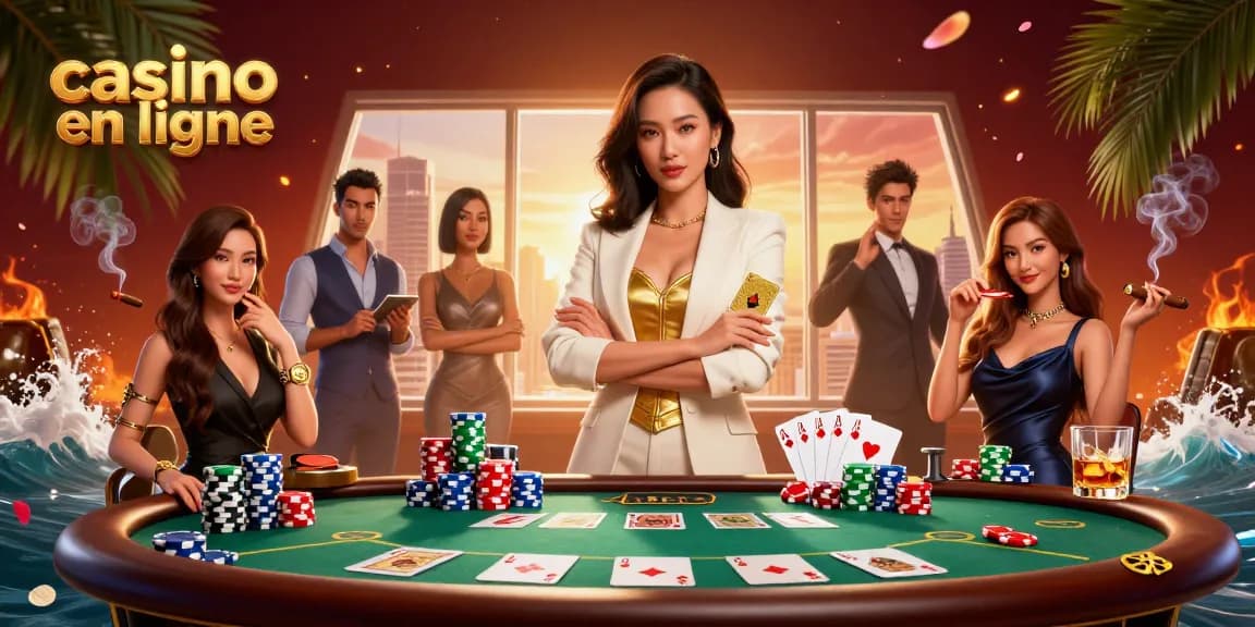 Découvrez un gameplay palpitant dans un casino en ligne avec une femme d'affaires puissante tenant des cartes dorées.