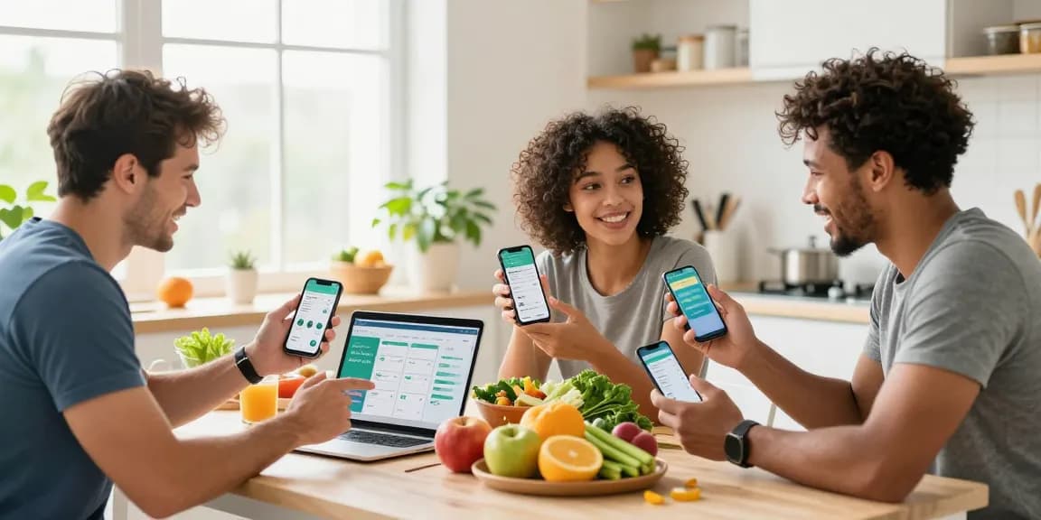 Engaging discussion about the best calorie tracker app amidst healthy foods in a bright kitchen.