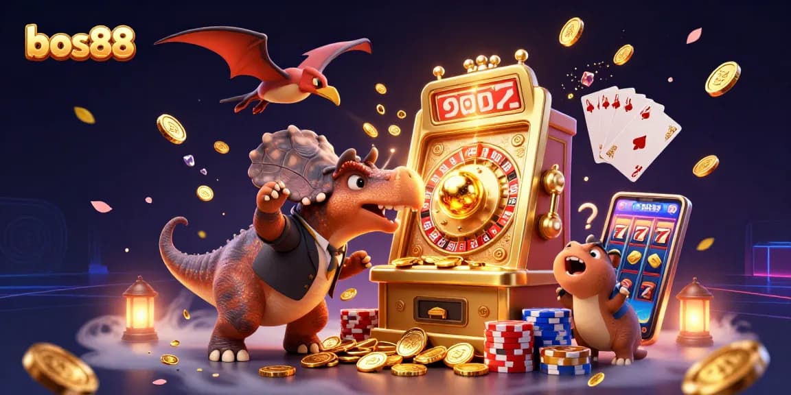 Engaging scene of bos88 with a hilarious dinosaur, golden coins, and a casino setting.