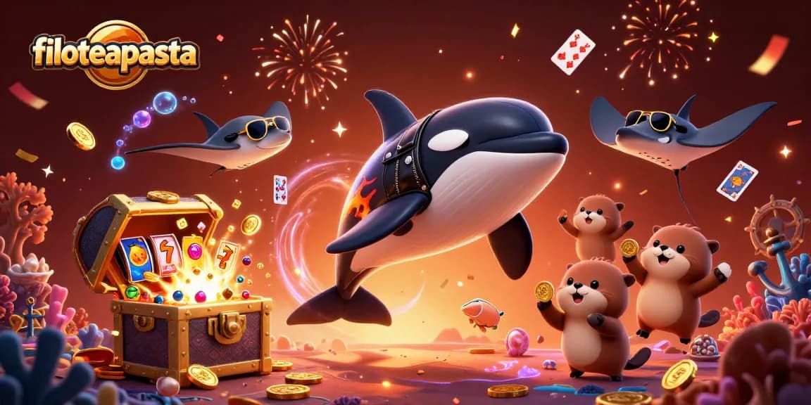 Engage with filoteapasta's vibrant slot gaming scene featuring a cheerful whale, stingray, and otters amidst flying coins.