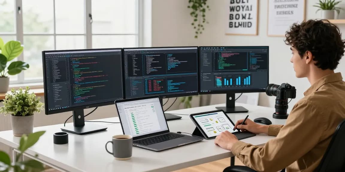 Digital workspace depicting telegraimin.com software development with multiple monitors, coffee, and bright decor.