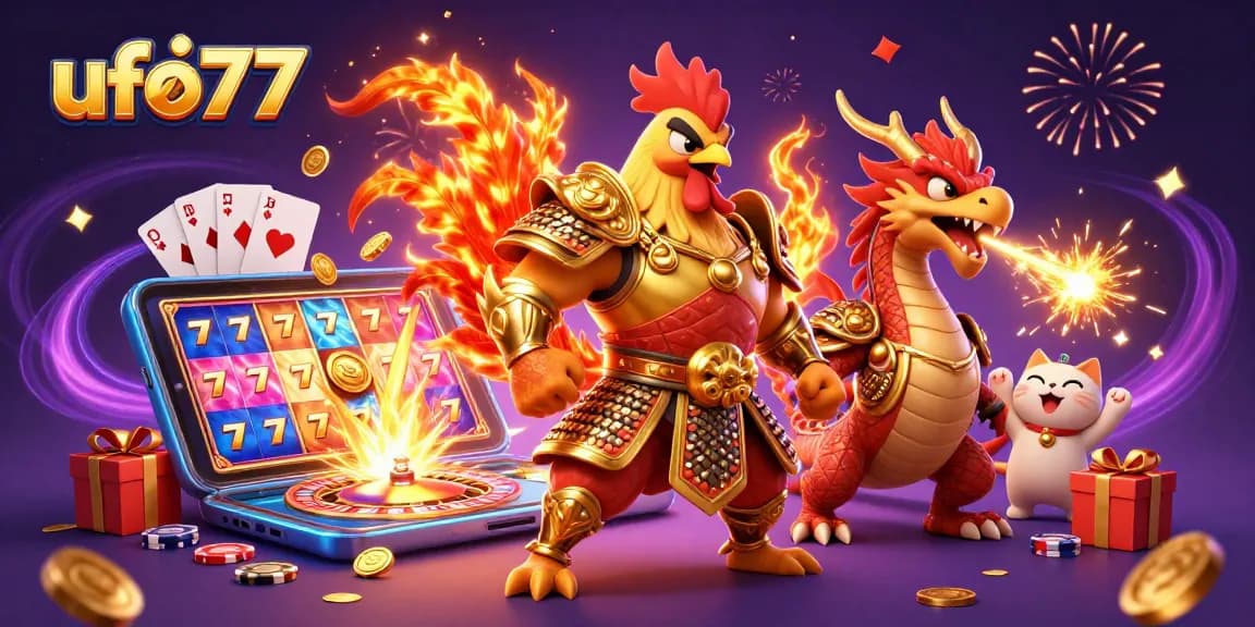 Experience thrilling wins with ufo77 as a samurai rooster and dragon hatchling conquer the casino.