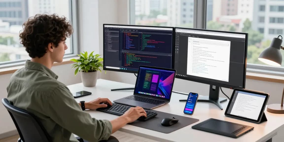 Developer using snipaste on dual monitors in a modern workspace, showcasing a coding and design setup.
