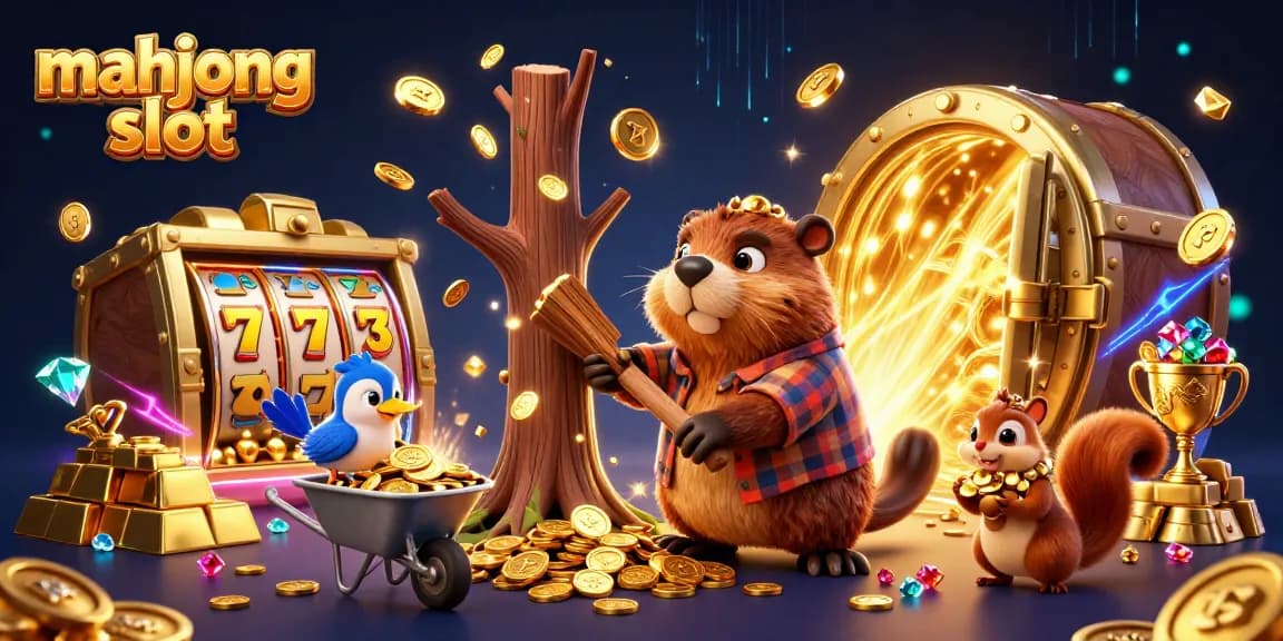 Experience the mahjong slot excitement with a beaver, bird, and squirrel in a gold-drenched casino.