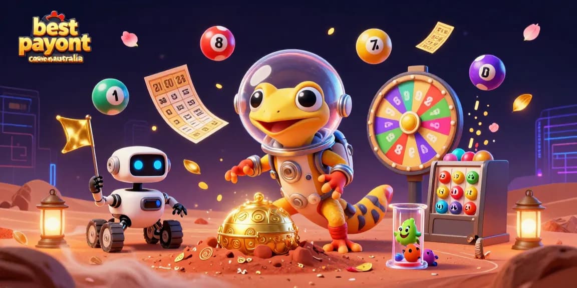 Experience the excitement of best payout casinos australia with Martian gecko exploring a golden casino.