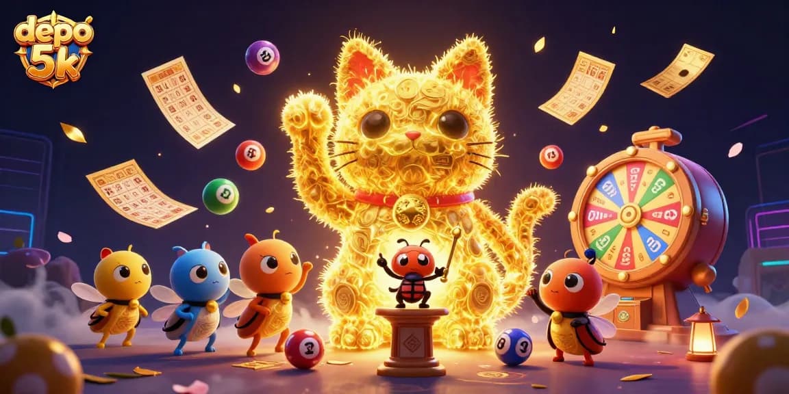 Experience the thrill of depositing 5k with a vibrant illustration featuring a lucky cat and dynamic casino symbols.