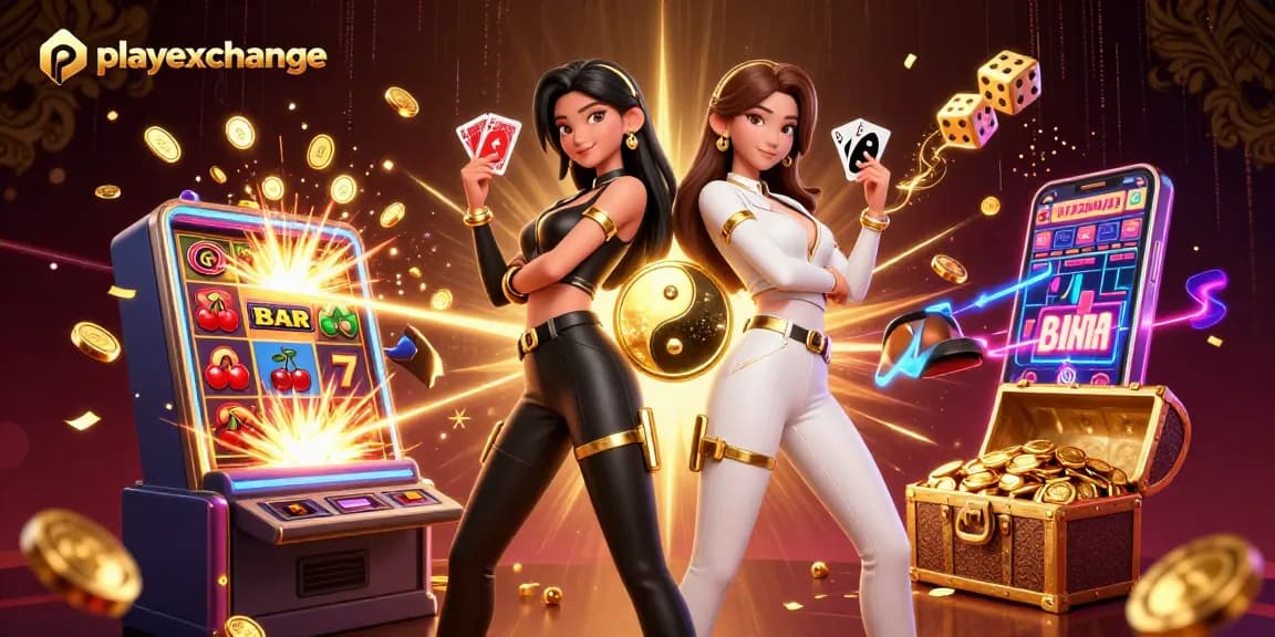 Experience the thrilling playexchange action with stunning twin Asian women holding cards amidst a casino explosion.